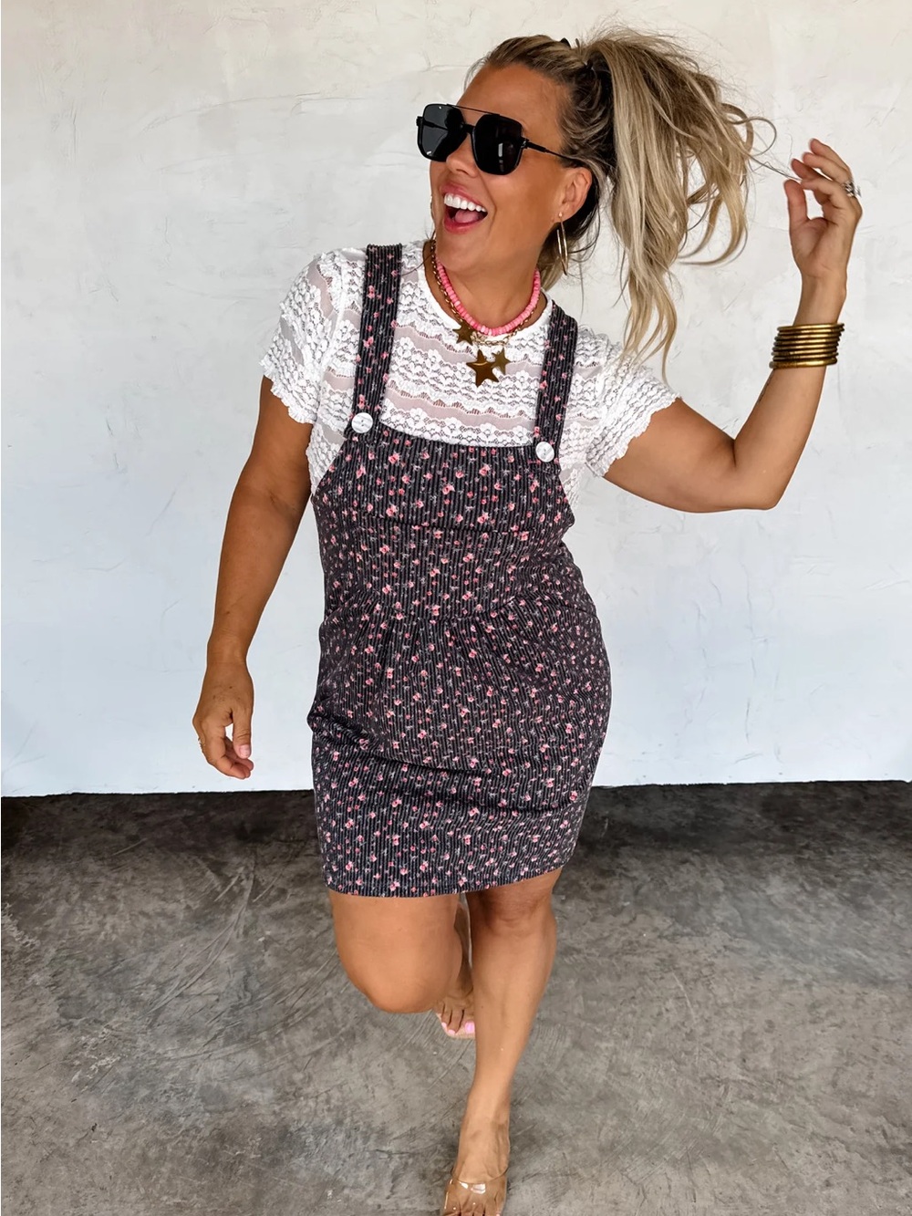 Floral Overall Jumper Pinafore Dress with Adjustable Button Straps